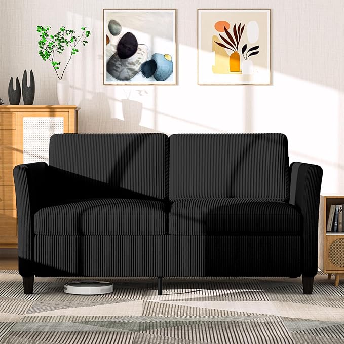 Valthie 60.6" Small Corduroy Loveseat Sofa, Mid-Century Modern 2-Seater Couch with Side Pockets for Small Spaces, Black – Perfect for Living Room, Bedroom, Office & Apartment