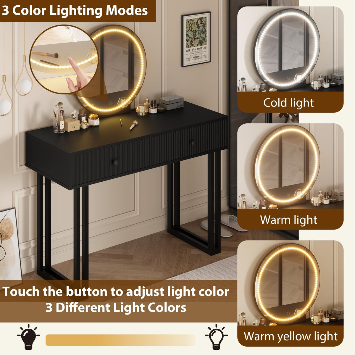 Black Vanity Desk with Mirror and Lights, Small Makeup Vanity with 2 Drawers, Modern Vanity Organizer with 3 Color Lights＆Adjustable Brightness, Dressing Table for Bedroom