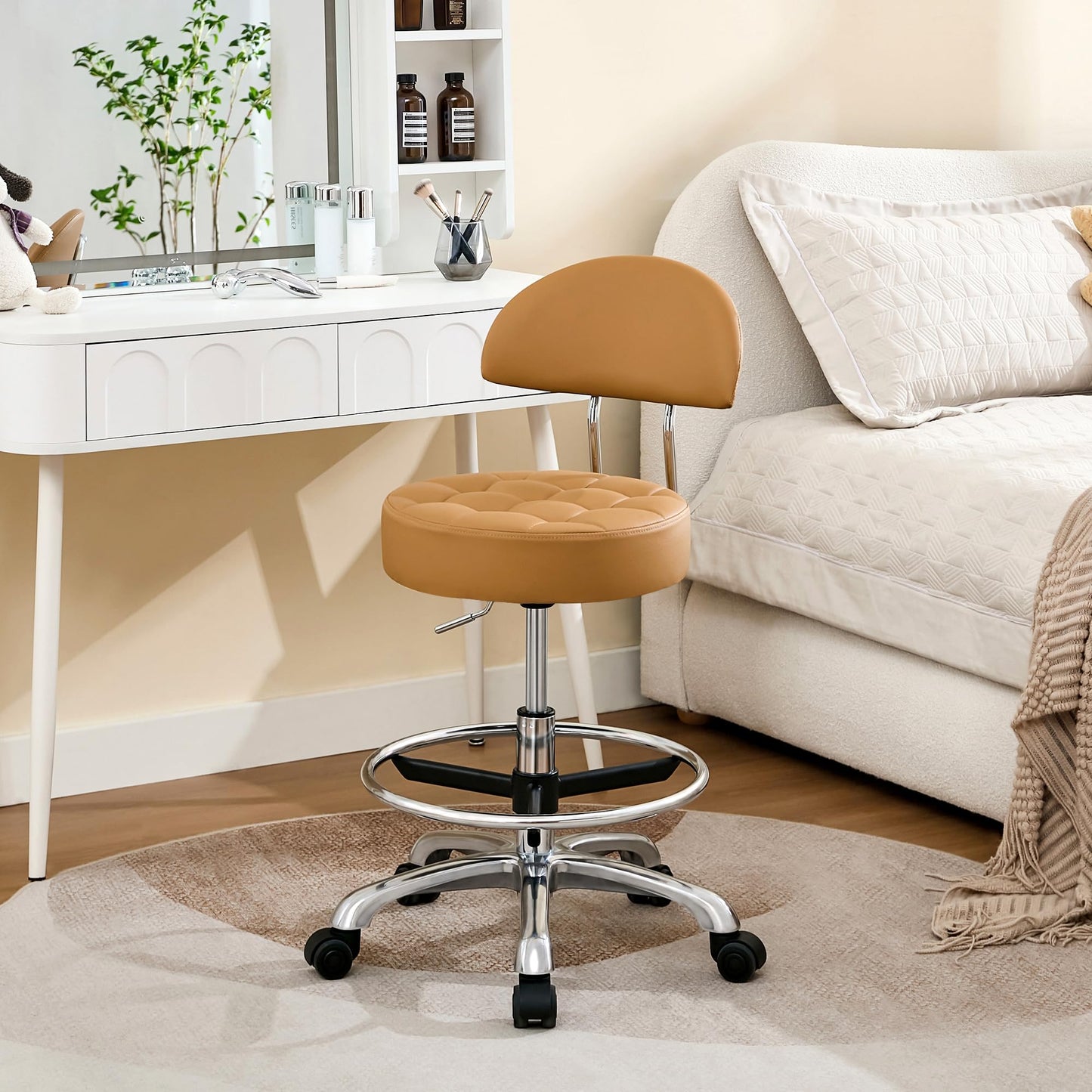 FIRAVOE Rolling Chair (Adjustable Height 20-27 inch) (Stool with Quiet Wheels and Foot Rest) Multifunctional Nail Salon and Spa Stools (Camarel Brown)