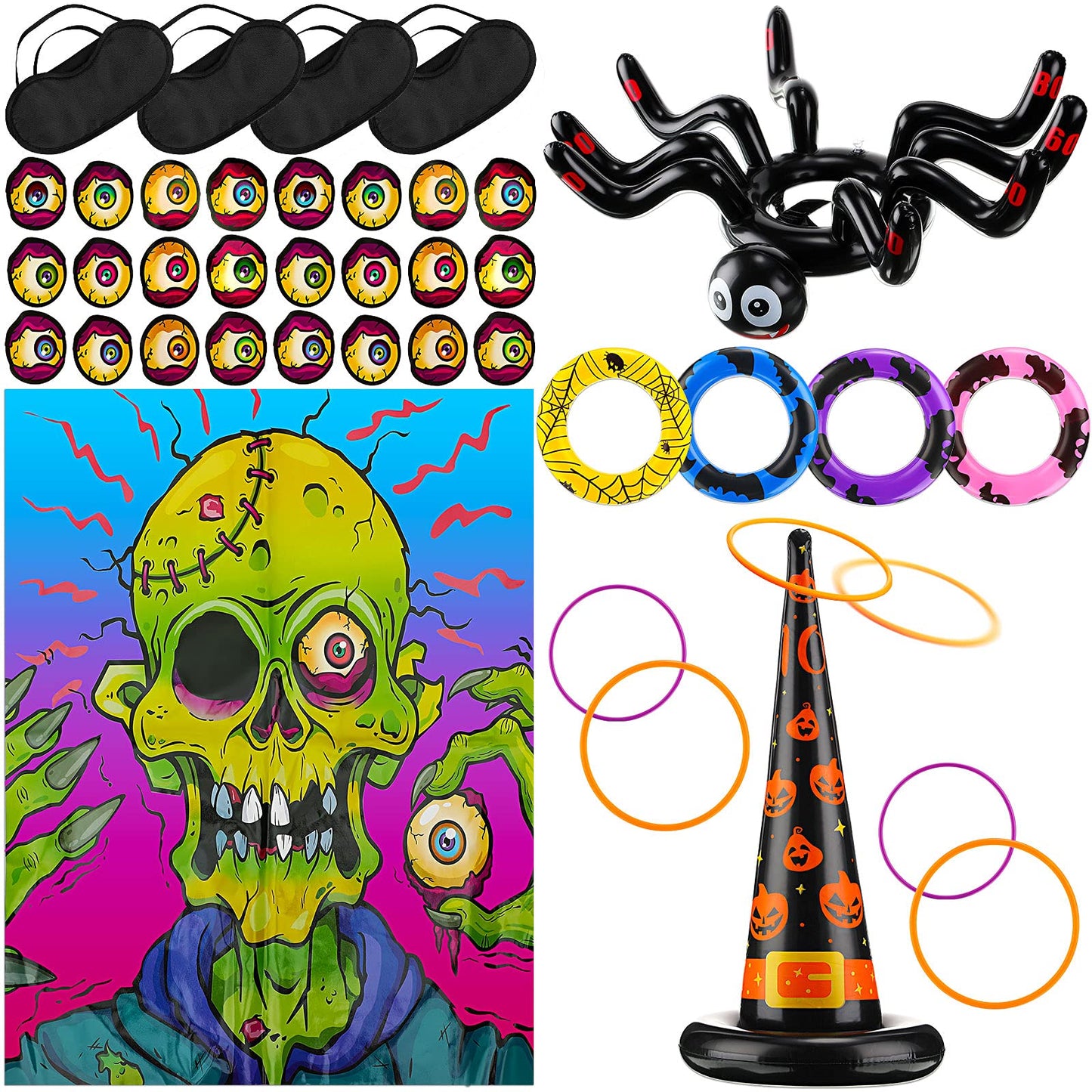 Sumind Pin The Eyeball Zombie Halloween Party Game - Inflatable Spiders, Witch's Hat Toss, Ring Toss Throw Set for Adult Indoor/Outdoor Parties