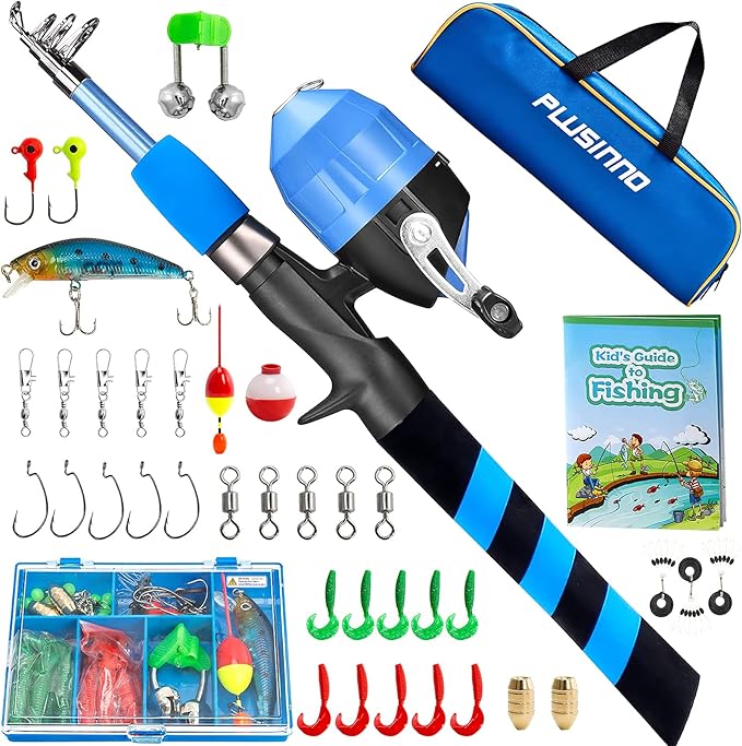 PLUSINNO Kids Fishing Pole, Portable Telescopic Fishing Rod and Reel Combo Kit - with Spincast Fishing Reel Tackle Box for...