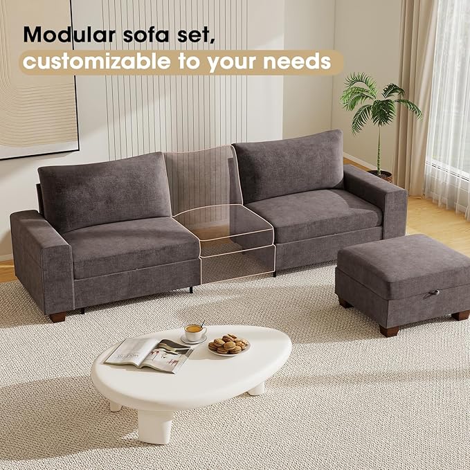 Couchus 112“ Convertible Storage Sectional Sofa,L Shaped Couch with Storage Ottoman,Multi-Functional Reversible Sofa with Huge Storage Space, Breathable Fabric(Dark Grey)