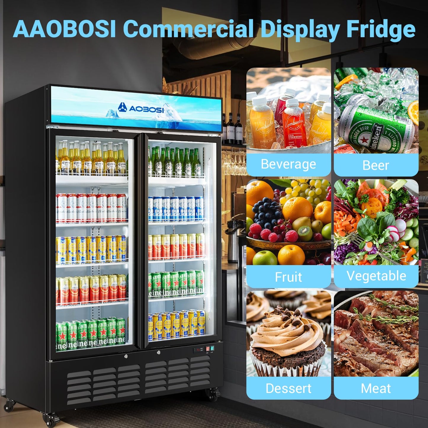 AAOBOSI 50" Wide Commercial Merchandiser Refrigerator,36.8 Cu.Ft Glass Door Display Refrigerator,Upright Beverage Fridge with Soft LED Light,Customizable Lightbox,Universal Casters, Adjustable Shelves