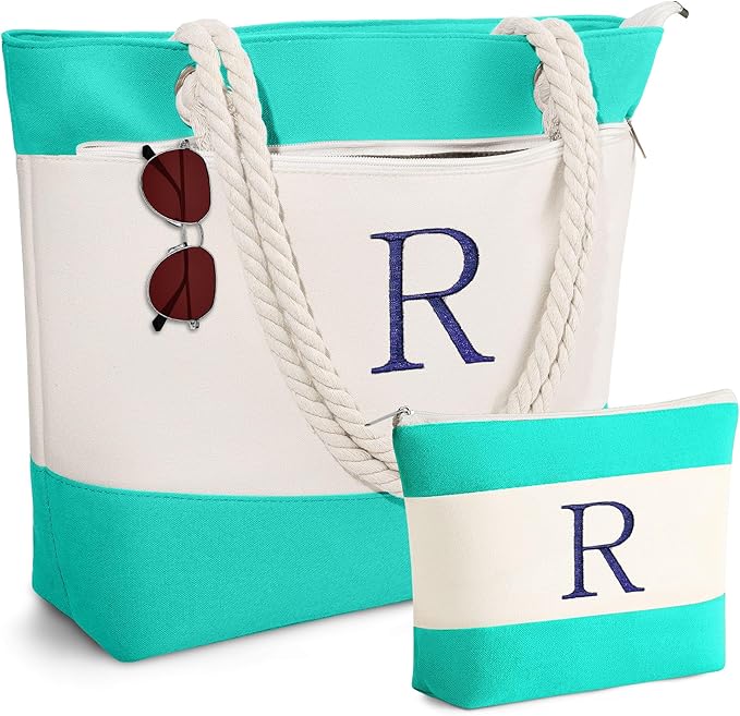 YOOLIFE Beach Bags for Women - Initial Canvas Tote Waterproof Bag with Makeup Bag Gifts for Women Mom Friend Birthday Her