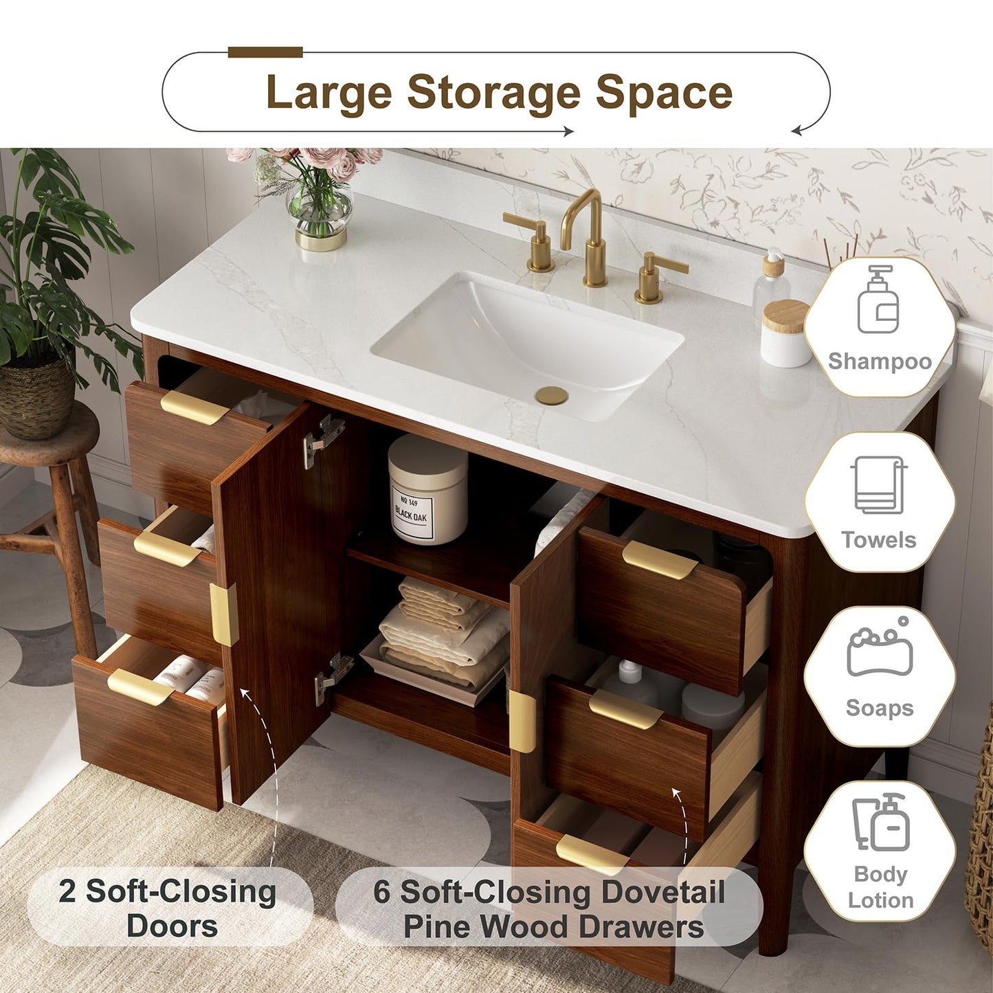 DELUXE LIVING 48 Inch Walnut Bathroom Vanity with Sink, Fully Assembled Solid Wood Bathroom Vanities with Soft Close Parquet Doors, Full Extension Dovetail Drawers, Calacatta Quartz Top & Backsplash