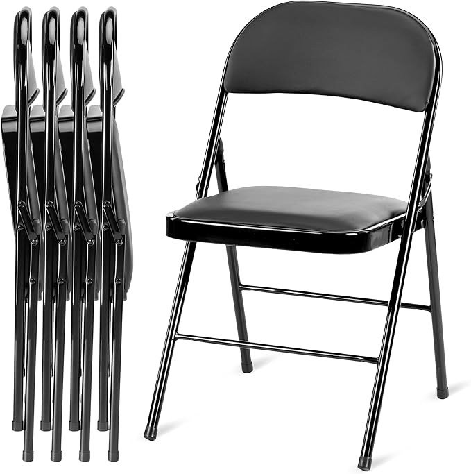 Simple Deluxe 4 Pack Folding Chairs with Leather Padded Cushion Seats & Durable Metal Frame, Comfortable, Foldable, Portab...
