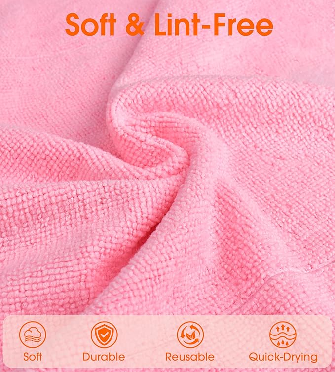 Microfiber Cleaning Cloth Roll–100 Pack, Tear Away Microfiber Towels, Reusable, Washable, Scratch-Free, Kitchen Towels for Car, Home, Kitchen, Glass, Dishes(Pink)