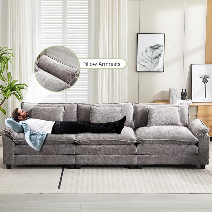 Oprisen 120" Modular Sectional Sofa, Comfy Cloud Couch Sectional Sofa, Chenille Sofa Sleeper Deep Seat Sofa with Throw Pillows for Living Room (Light Gray, 120"- 3 Seater)