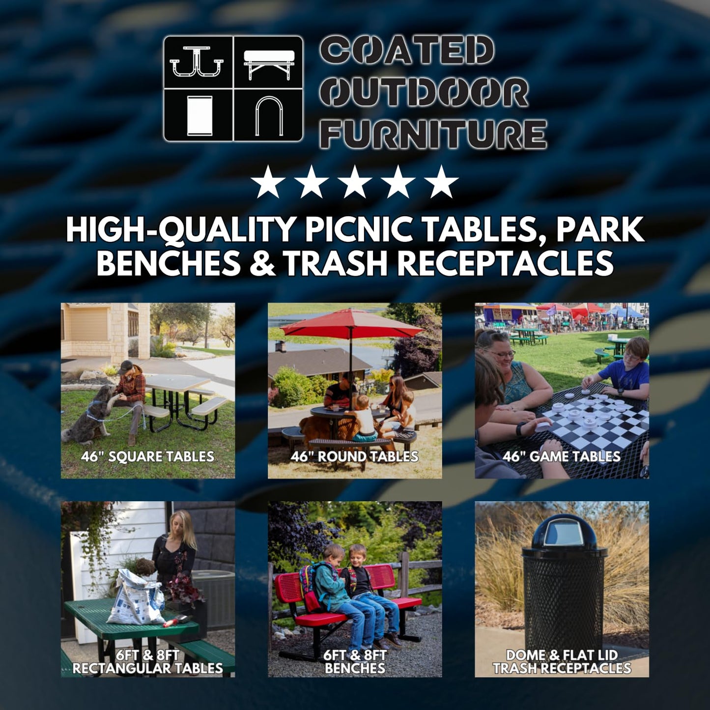 COATEDOUTDOORFURNITURE Heavy-Duty Portable Outdoor Bench Thermoplastic Coated, Expanded Metal, Commercial-Grade Seating, Made in America (Portable Without Back, 6 Ft, Dark Blue)