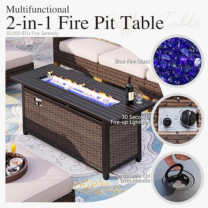 Sophia & William Half Moon Patio Furniture Set with Fire Pit Table & Swivel Chairs, 10 Piece Curved Outdoor Sectional Sofa Modular Wicker Patio Conversation Couch Set for Deck Backyard Lawn, Beige