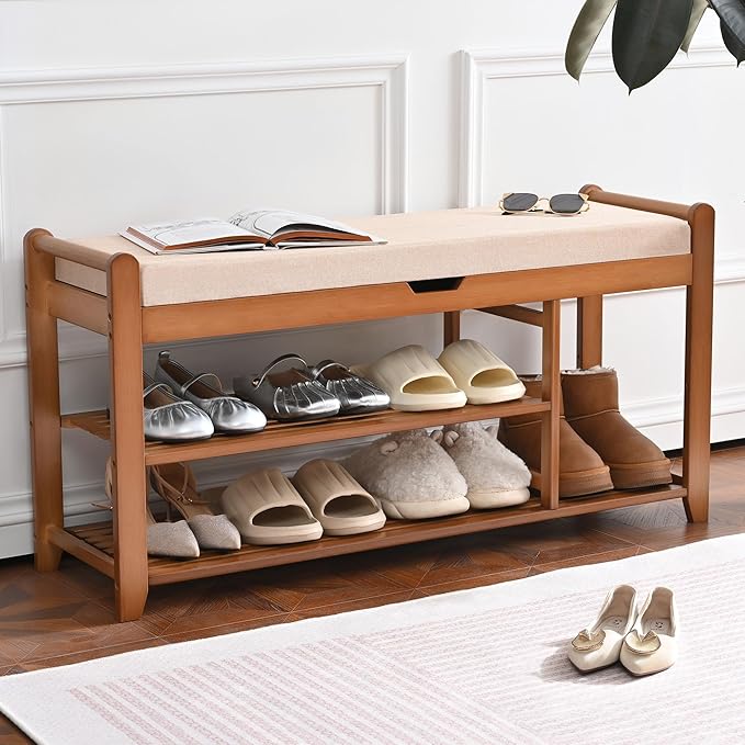 Homman 39.4in Shoe Rack Bench, Shoe Storage Bench with Lift Top Hidden Storage, Entryway Bench Holds Up to 330lb for Bedroom Living Room