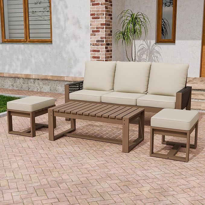 INTER HUT Rustic Hideaway Natural Cedar Wood Outdoor Furniture Set, Wicker Patio Conversation Set for Porch Garden Backyard, Couch, Coffee Table and 2 Ottomans, 4 Piece, Brownish/Beige