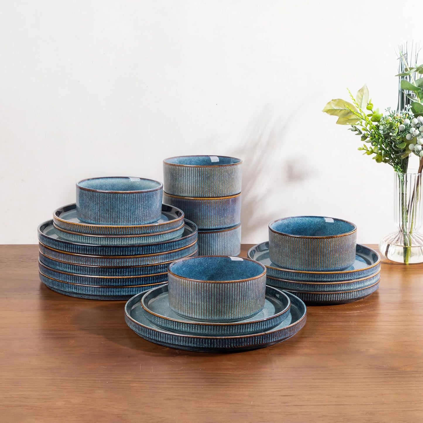 GBHOME Stoneware Dinnerware Sets for 8,Round Reactive Glaze Ceramic Plates and Bowls Set,Highly Scratch Resistant| Dishwasher & Microwave Safe Dishes Set,Service for 8(24Pcs)