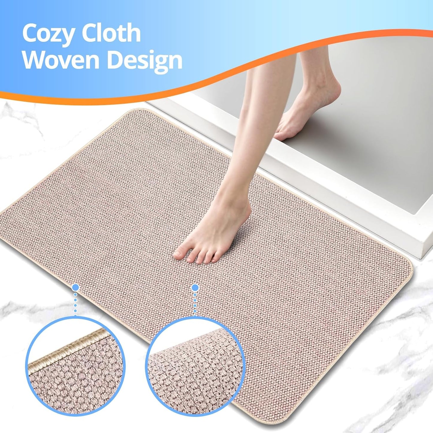 Upgraded Bathroom Rugs 20x24Inch, Thin Bath Mat with Rubber Backing Non-Slip, Absorbent,Quick Dry Machine Washable, Home Decor Accessories Cozy Cloth Bathroom Mat fit Under Door/Sink/Tub/Shower-Biege