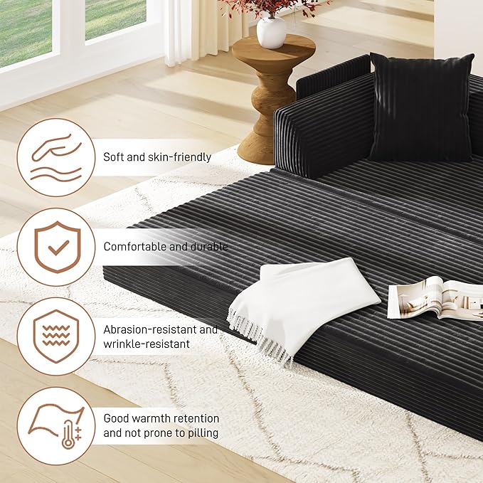 Folding Convertible Sofa Bed with 3 Pillows, 79 " Corduroy Boneless Couch with Armrest Pockets, Lounge Loveseat Sleeper with Pull Out Bed, Memory Foam Compressed Sofa for Living Room Bedroom, Black