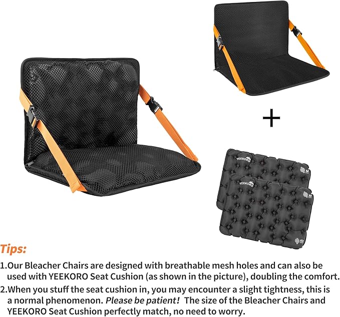 YEEKORO Inflatable Heated Stadium Seats, Portable Bleacher Seat with Back Support, Foldable and Lightweight Stadium Chair for Sporting Events Camping Games Sports, Seat Cushion with 3 Levels of Heat