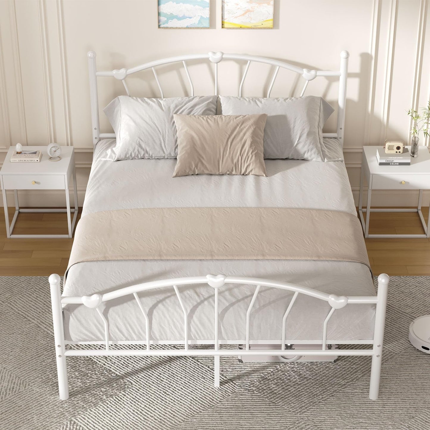 Metal Bed Frame Full Size, Full Bed Frame with Headboard, Heart-Shaped Decorative Headboard and Footboard, Heavy Duty Metal Slat Support, No Box Spring Needed, Noise-Free, Easy Assembly, White