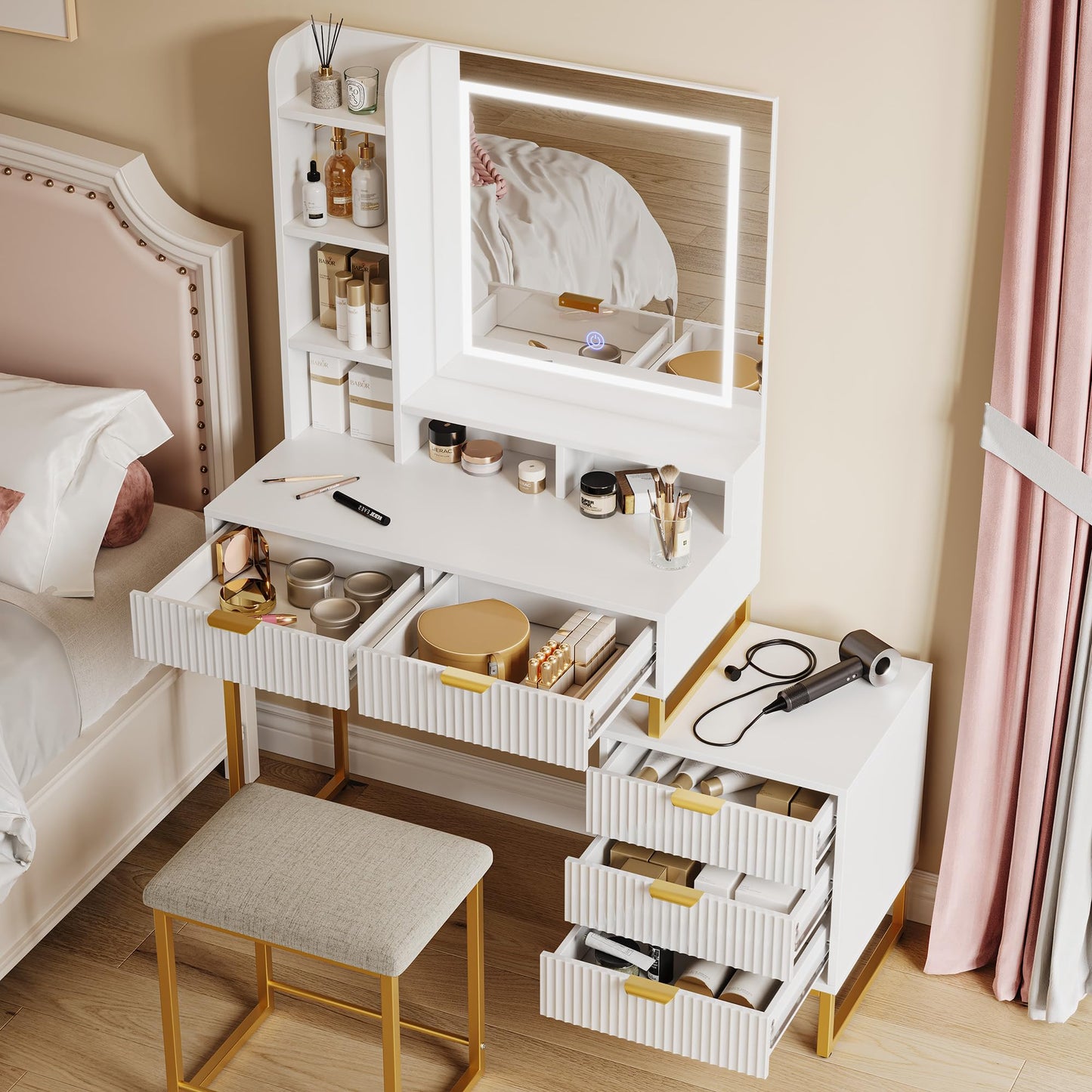Garvee Makeup Vanity Desk with Mirror and Lights, Vanity Table with 5 Drawers, Vanity Set with Stool and Removable Side Storage Cabinet for Bedroom, White & Gold