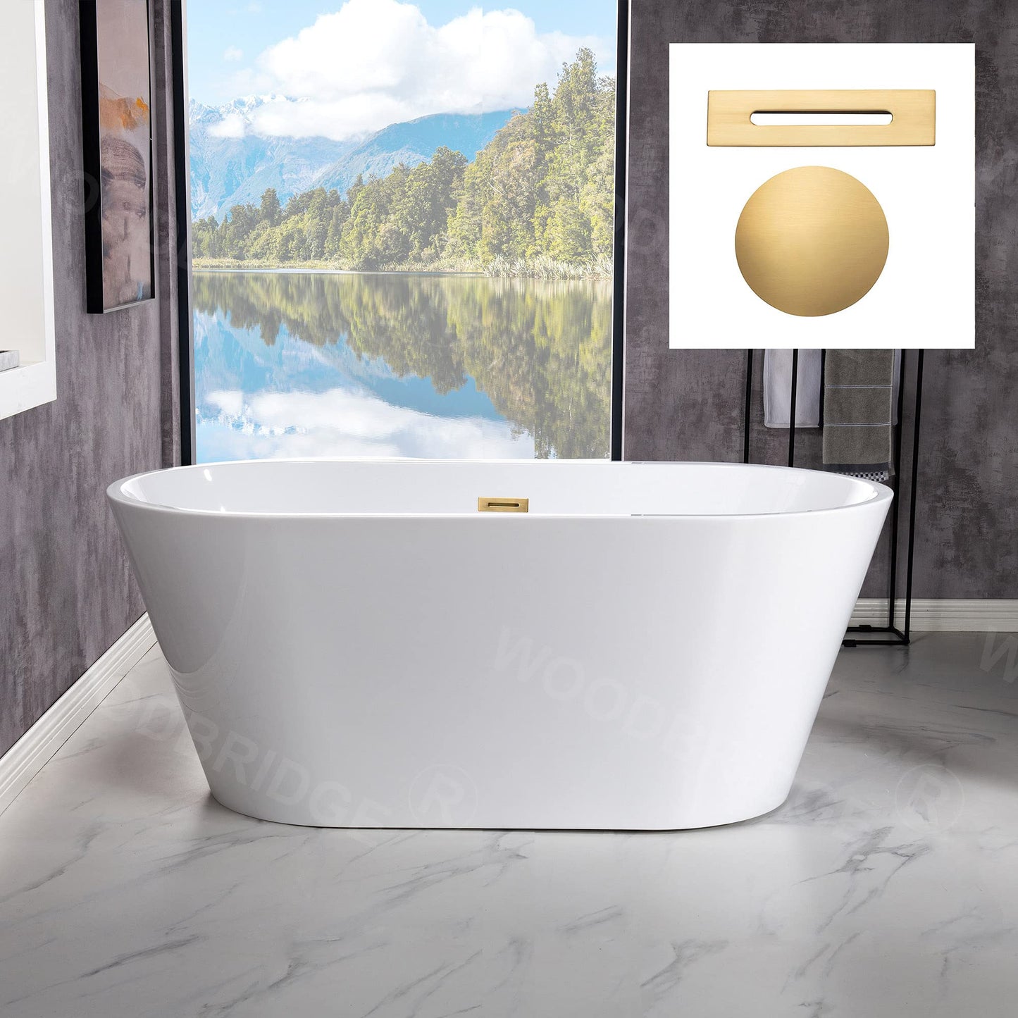 WOODBRIDGE 54" Acrylic Freestanding Bathtub Contemporary Soaking White Tub with Brushed Gold Overflow and Drain,B1702-BG