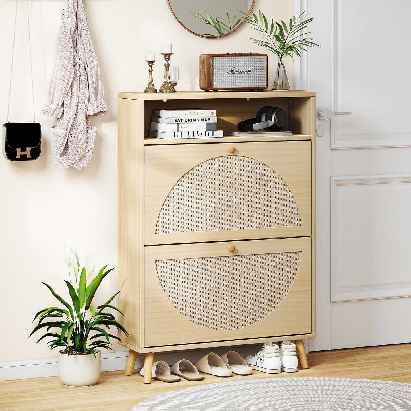 Curlaky Rattan Shoe Cabinet Storage with 2 Flip Drawers, Narrow Freestanding Shoe Storage Cabinet for Entryway, Wood Hidden Shoes Organizer Rack with Adjustable Shelves for Entry Way, Natural