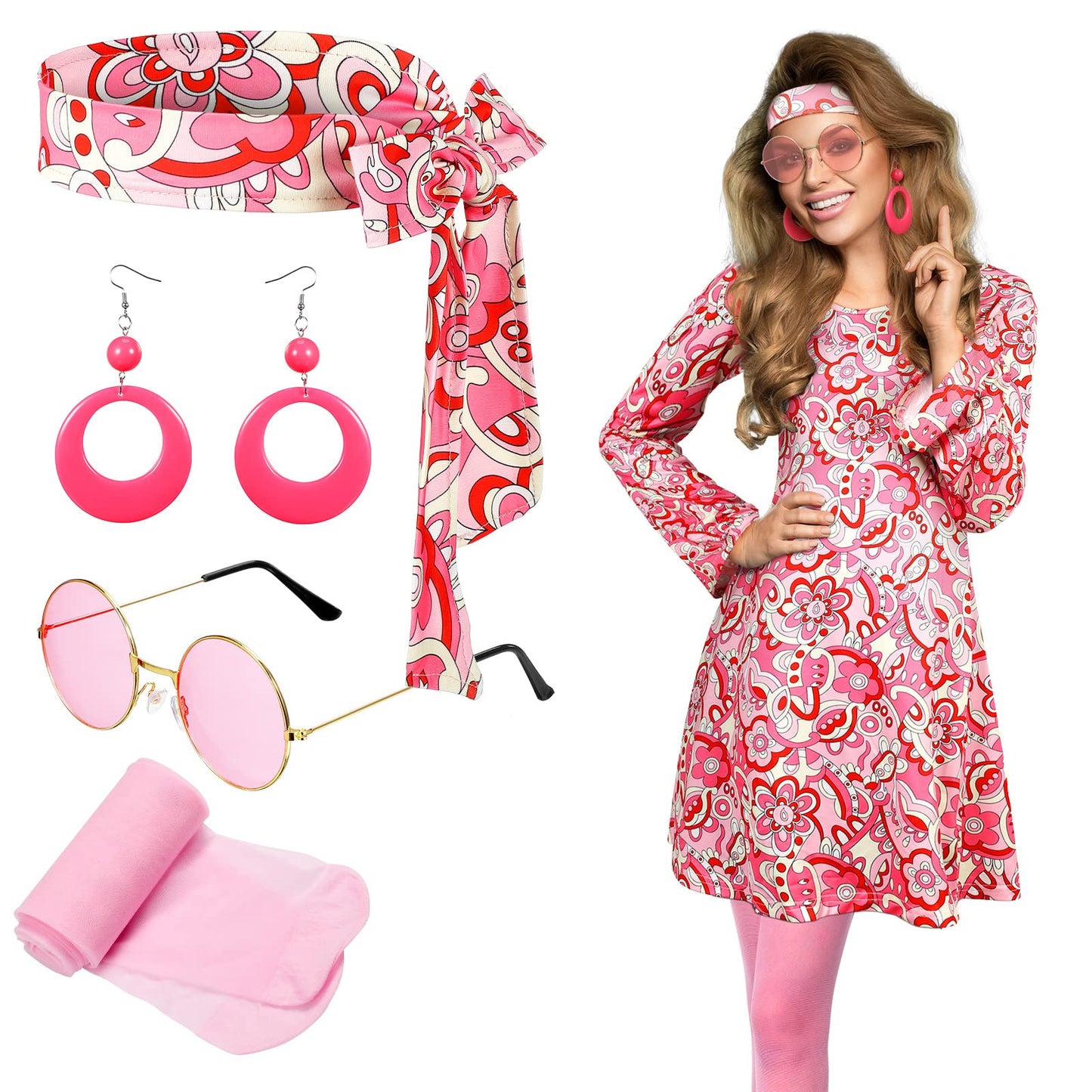Janmercy 5 Pcs 70s 80s Hippie Costumes Accessories for Women 70's Disco Outfit for Halloween Party Cosplay (X-Large)