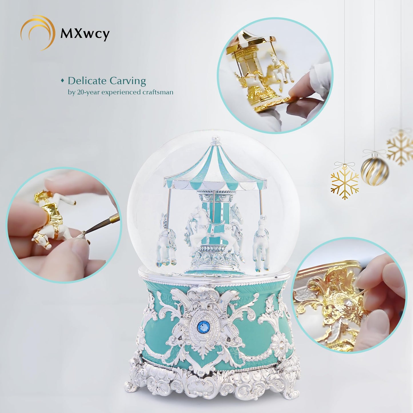 Carousel Music Box Silver Mint Christmas Snow Globes, 7.1" Glass Rotate Carousel Snow Globe for Kids & Adults, Classic Wind up Musical Snow Globe Birthday Gifts, Carousel Horse Home Decor