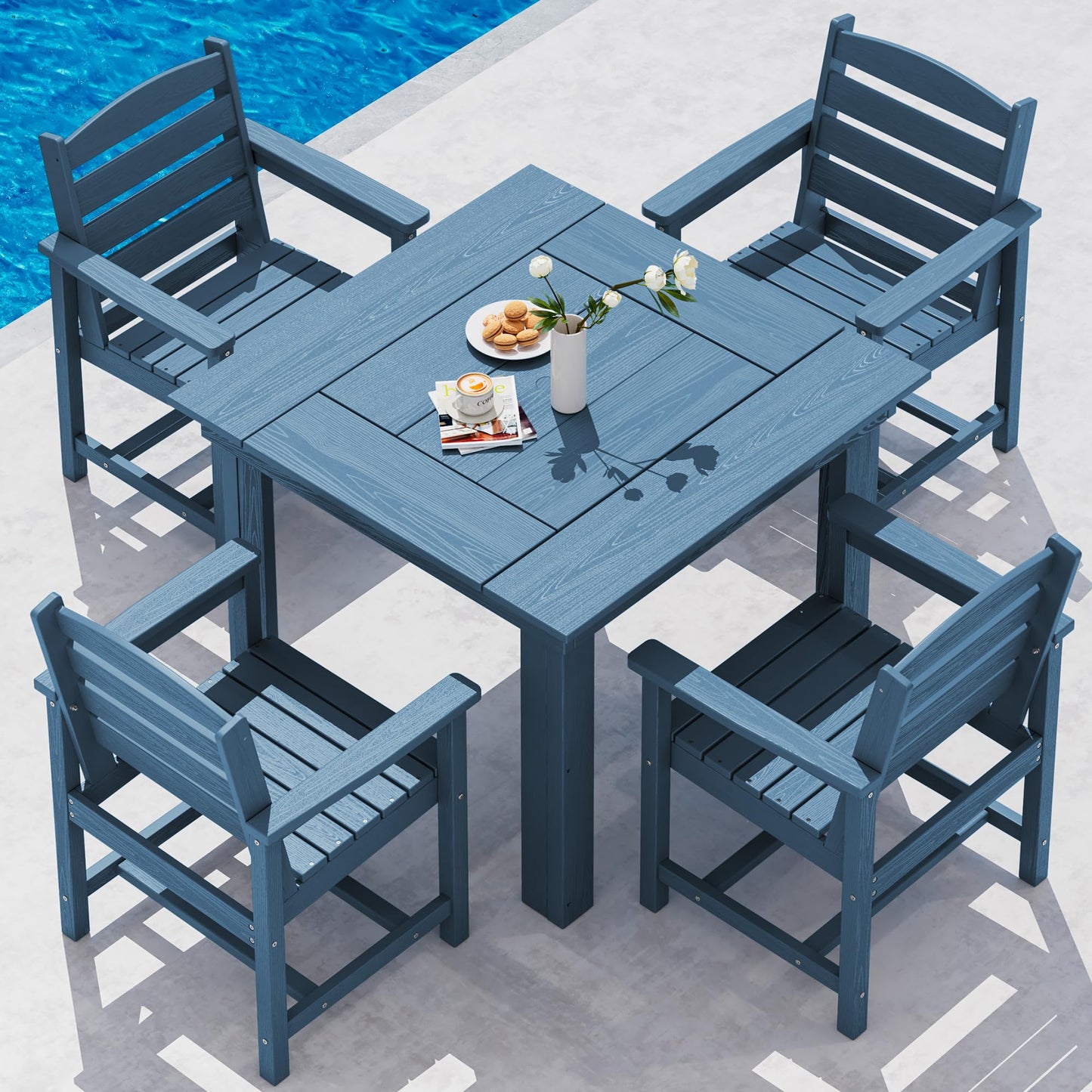 SERWALL Outdoor Dining Set for 4, HDPE Square Table and Chairs Set All Weather Patio Dining Set with 4 Classic Dining Chairs, 5-Piece Patio Dining Furniture for Deck, Blue