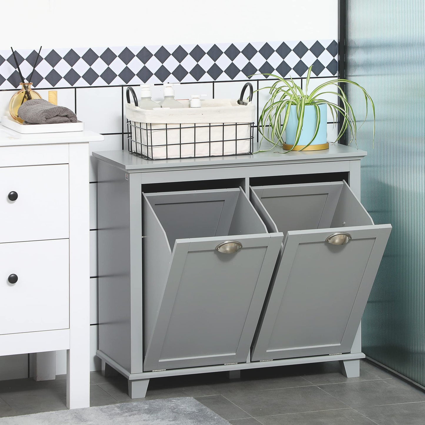 Tilt-Out Laundry Sorter Cabinet, Gray - Bathroom Floor Cabinet, Two-Compartment Hamper Organizer