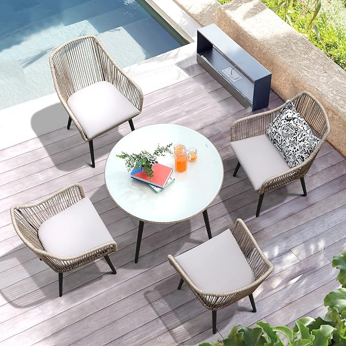 Patiorama Outdoor Dining Chairs, Patio Dining Chair Set of 4, All-Weather Woven Rope Rattan Chairs, Outdoor Dining Wicker Chairs with Armrests for Indoor Balcony Pool Backyard(Tan)
