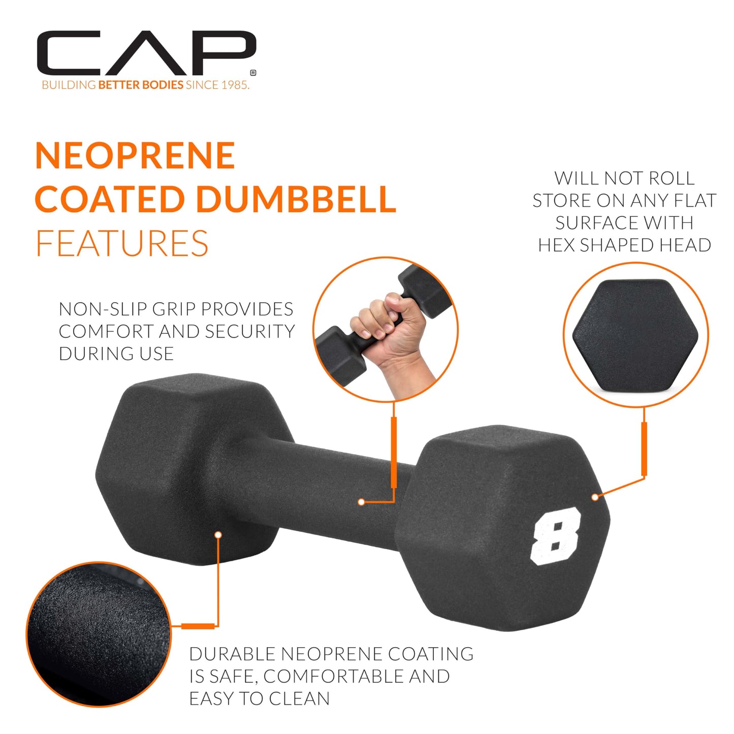 CAP Barbell 8 LB Neoprene Dumbbell Hand Weights - Pair | Black
