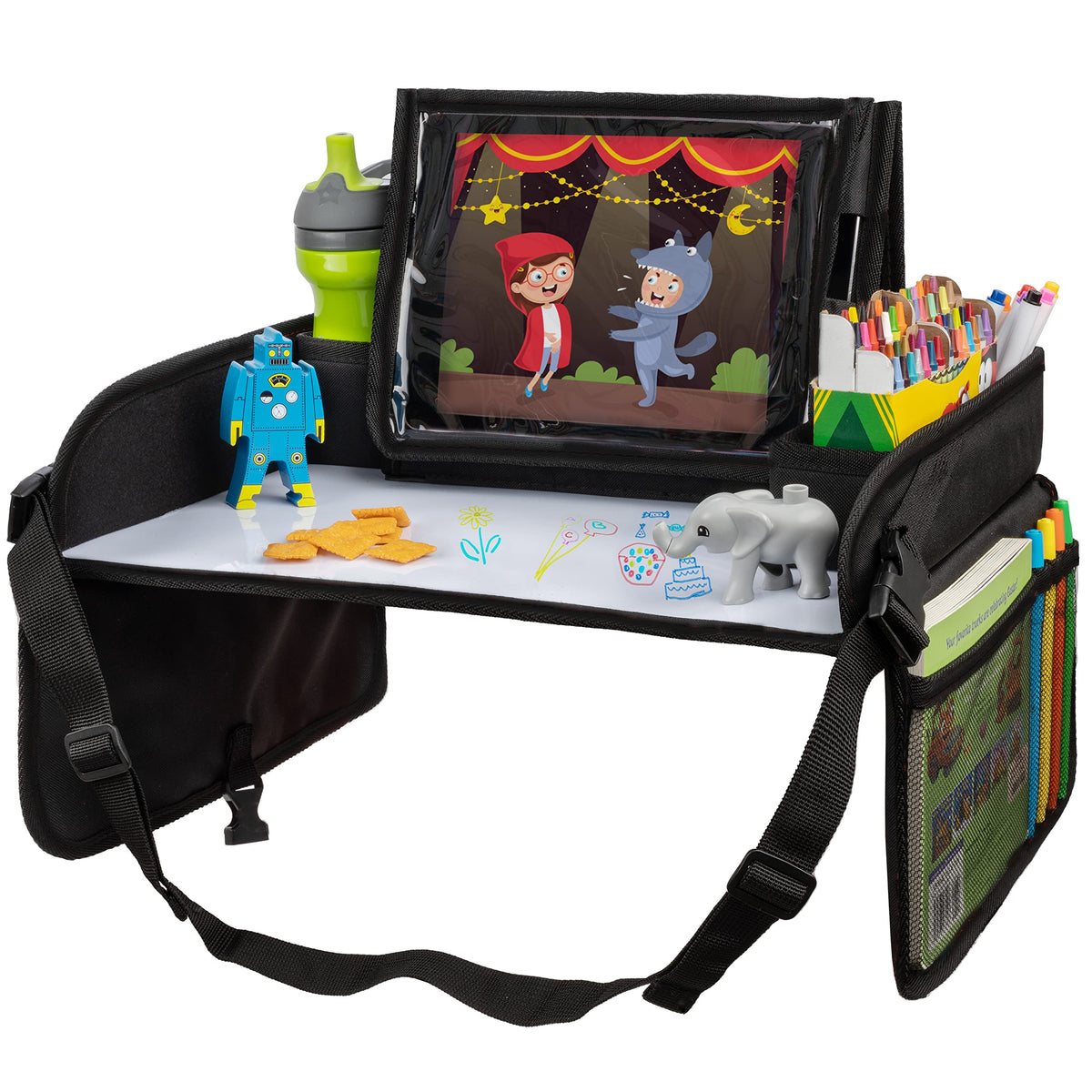Lusso Gear Car Seat Tray for Kids Travel - Black 600D Oxford Lap Desk Organizer with Dry-Erase Surface, Tablet Stand, Snack Holder & Cup Holder - Travel Tray for Kids Car Seat
