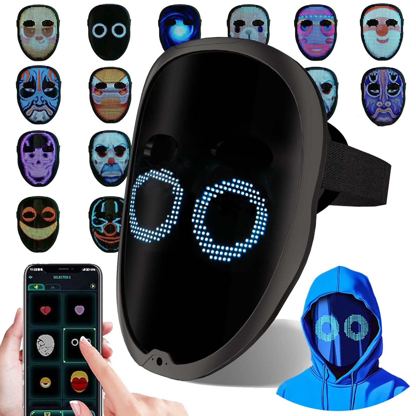 Led Mask with Gesture Control – Face-Transforming Light-Up Design, Cool Gifts for Kids & Adults – Rechargeable Halloween, Cosplay & Christmas Party Essential for Costume Themes!