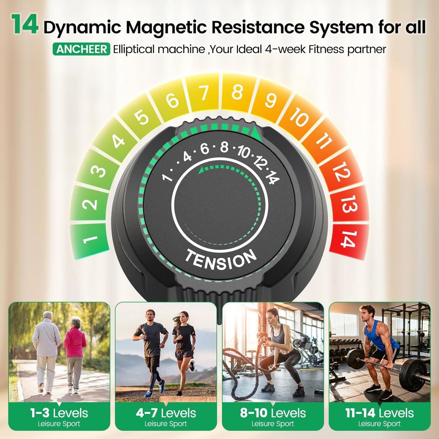 Elliptical Exercise Machine, Elliptical Machine for Home with Ultra-Smooth Magnetic Resistance,Elliptical Trainer with 14 Levels, 15.5"-18" Stride 500lb Loading, Home Gym Equipment 95% Pre-Assembled