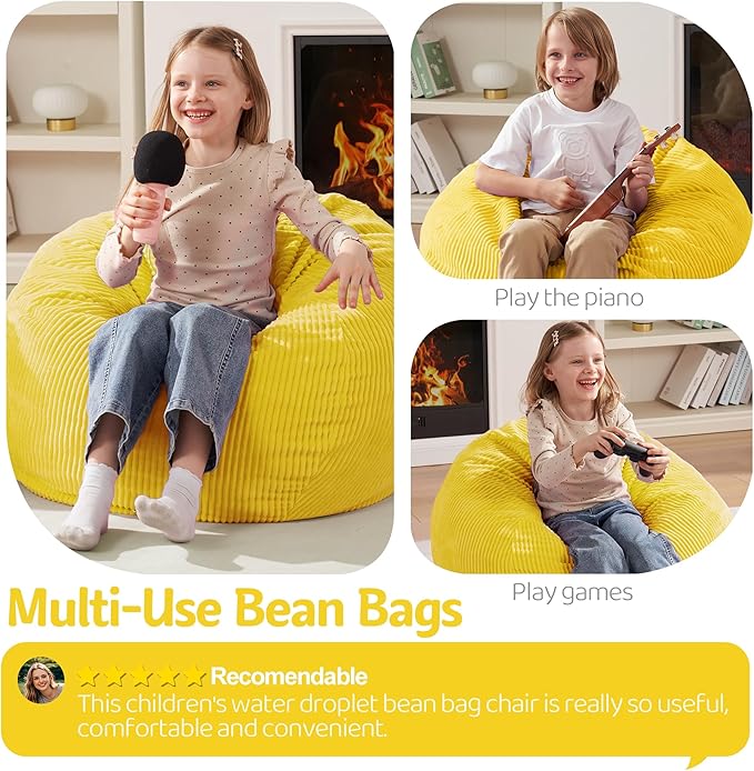 Homguava 2FT Bean Bag Chair,Teardrop Bean Bags Small Beanbag Chair with Memory Foam Filled and Ultra Soft Corduroy Cover for Living Room, Bedroom (Yellow)
