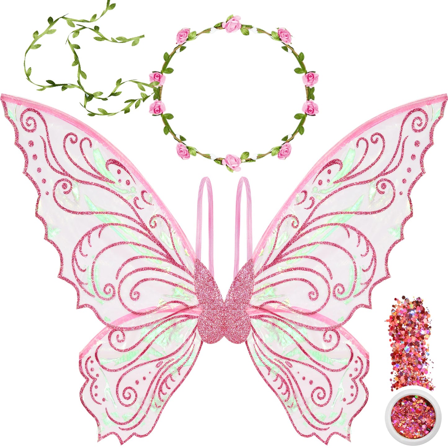 U-Goforst Fairy Costume Wings for Adults, Butterfly Wings for Girls Women, Halloween Costume Cosplay Dress Up, Sparkly Wings with Flower Crown and Glitter (Pink)