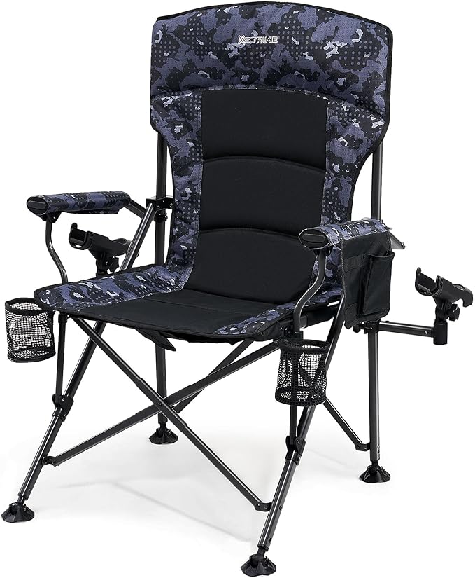 X Strike Oversized Folding Fishing Chair with Rod Holder Heavy Duty 350LBS, Feet Adjustable Padded Camping Chair with Cup ...