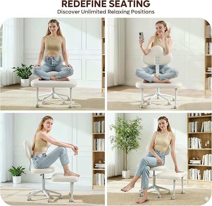 Cross Legged Office Chair with Wheels for ADHD, Ergonomic 360° Swivel Height-Adjustable Meditation Chair for Yoga, Kneeling Chair with 4 inch seat Cushion and Lumbar Support, PU Leather, Off White