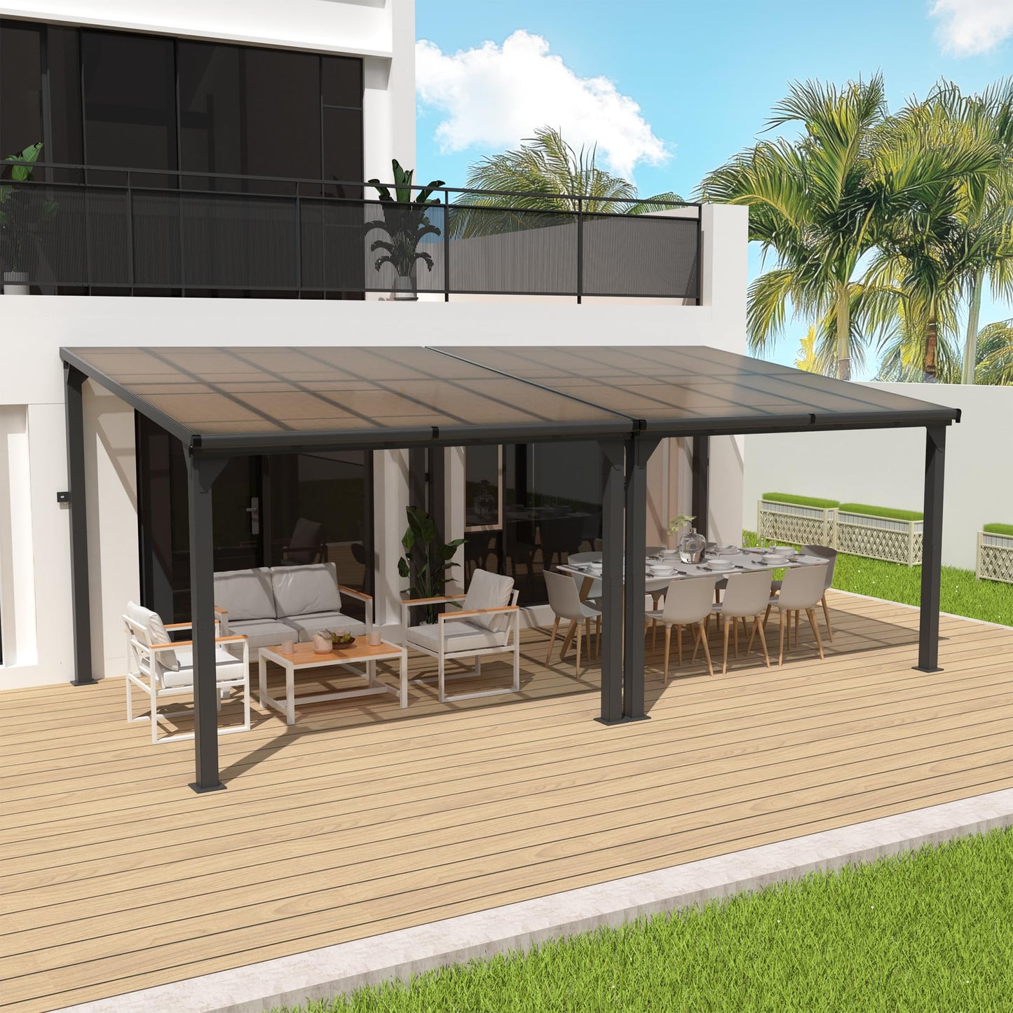 Patiopia 10 * 20FT Pergola,4 * 7 Inch Thickened Pillars & Enlarged Base,Outdoor Hardtop Lean to Gazebo,Wall Mounted Pergola,Pergolas Gazebos Clearance,Aluminum Frame Pergola,UV Resistant Patio Roof