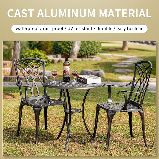 Withniture Outdoor Patio Bistro Set All Weather Bistro Table and Chairs Set of 2 with Umbrella Hole, Cast Aluminum Outdoor Bistro Set Rust-Resistant Patio Furniture for Garden Porch, Bronze