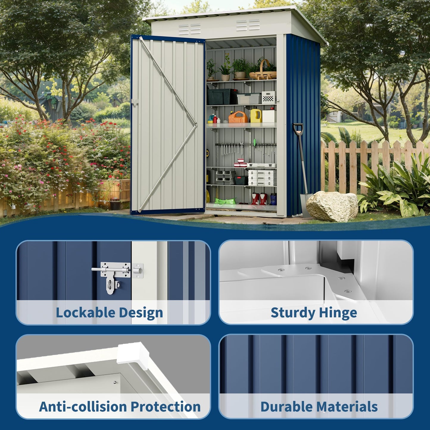 5x3 ft Outdoor Storage Shed & Tool Shed, Metal Garden Shed with Sloping Roof and Lockable Door, Compact Utility Shed for Backyard, Patio, Garden Storage, Blue