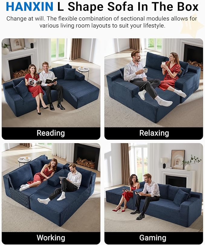 105 Inch Modular Sectional Sofa,Modern Cloud Sectional Couch with Deep Seat,Corduroy Boneless Couches with L-Shape Chaise for Living Room Bedroom,No Assembly Required (Blue, Right Facing Chaise)