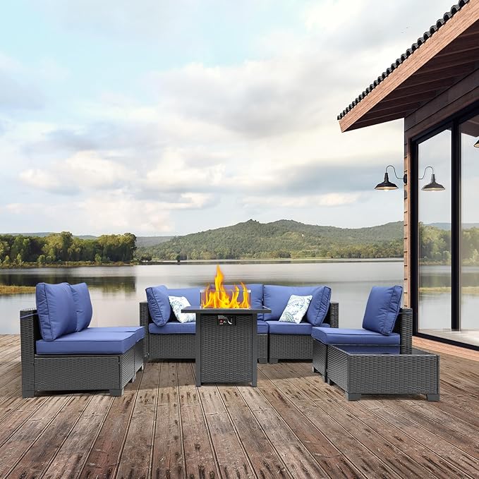 3D MATRIX 8 Pieces Patio Furniture Set with 28" Fire Pit Table, Wicker Outdoor Sectional Couch, Rattan Conversation Set for Backyard, Deck, Garden Lawn, Coffee/Blue