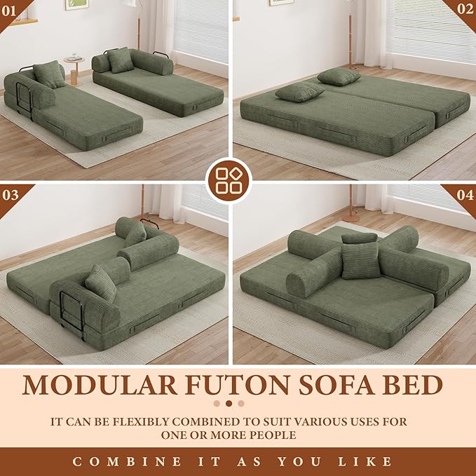 77" Convertible Sofa Bed, Modular Folding Futon Corduroy Floor Foam Compressed Loveseat Sleeper Sofa Couch, Pull Out Queen Size Couch Bed with 2 Pillows for Living Room Guest Room Studio, Light Green