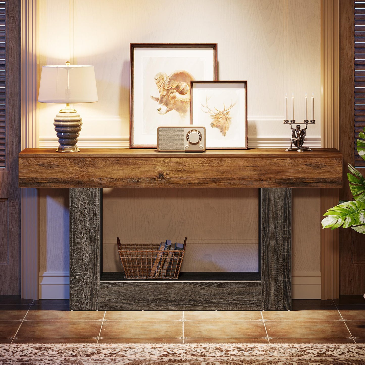 Tribesigns 63" Console Table, Farmhouse 2-Tier Entryway Table with U-Shaped Base, Narrow Long Wood Sofa Table Behind Couch Table for Living Room, Hallway, Foyer, Vintage Brown & Gray