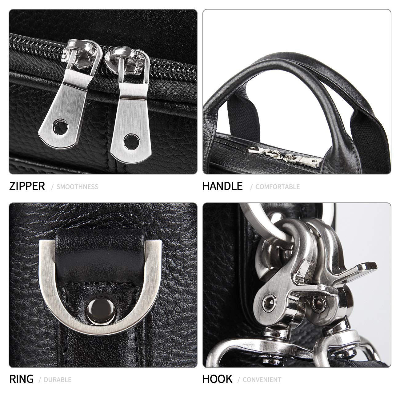 Augus Leather Briefcase for Men 16 inch laptop Bag Genuine Leather YKK Zipper Messenger Shoulder Bag for Work Black