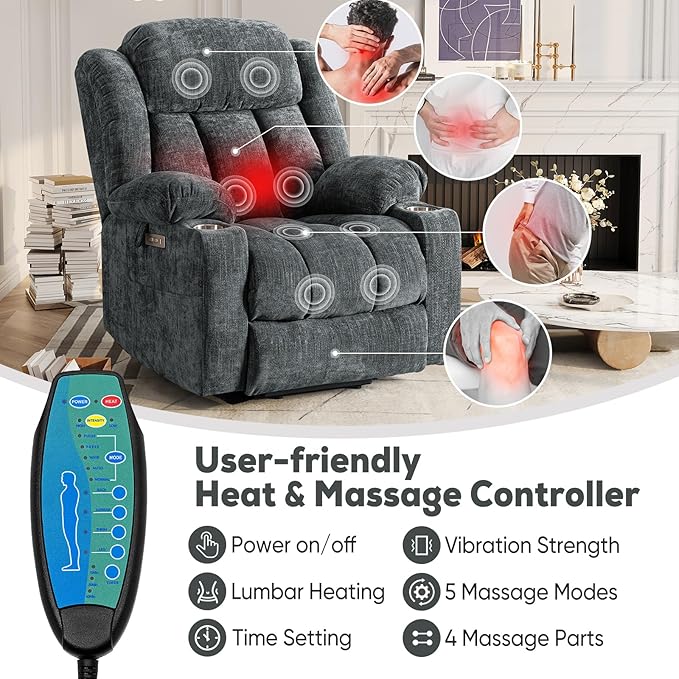 ABCASA Large Power Lift Chairs Recliners for Elderly with Heat ＆ Massage, Upgraded Chenille Recliners, USB-A ＆ C, Cup Holder, Side Pocket, Grey Blue