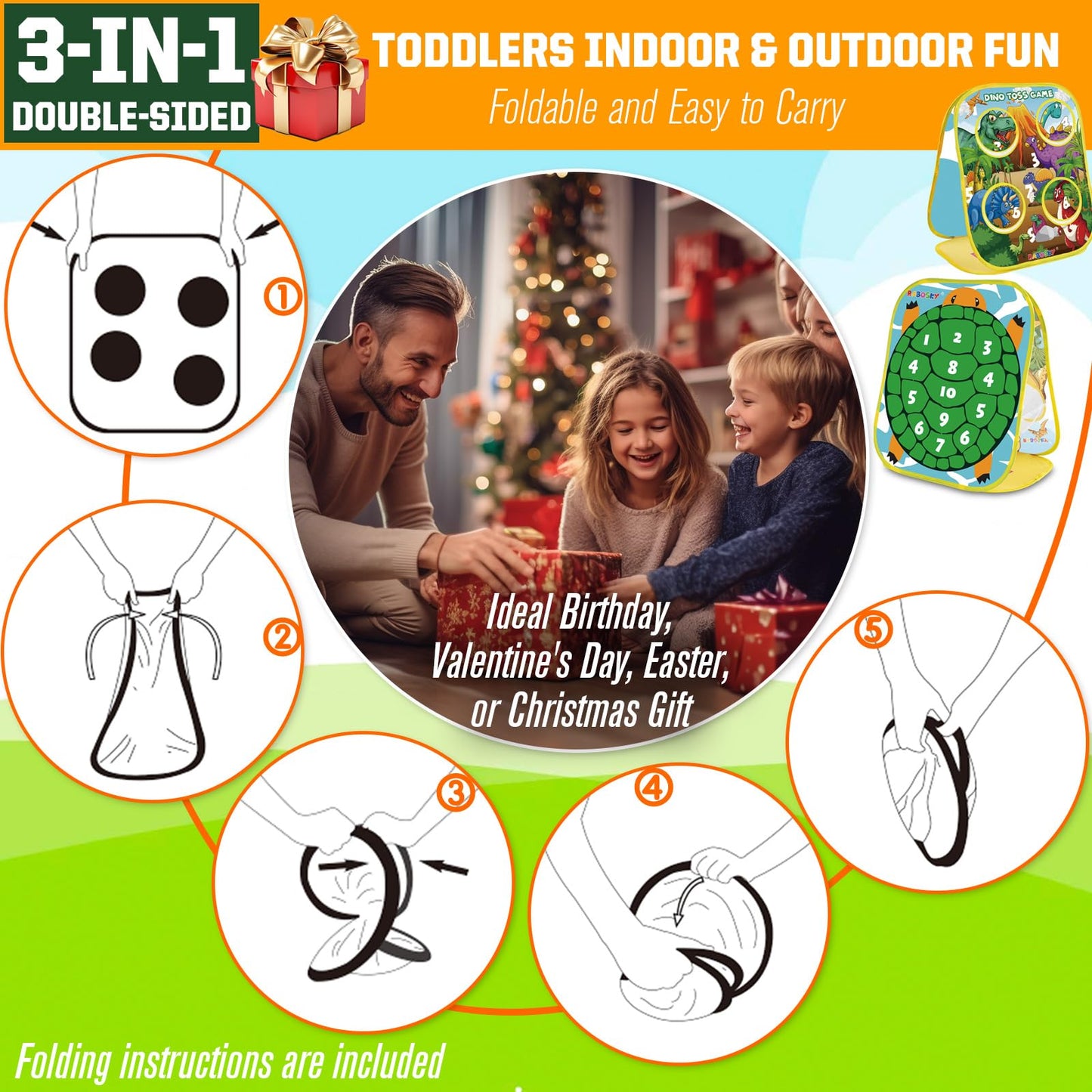 RaboSky 3-in-1 Feed Dinosaur Toss Games for Kids with 6 Fruit Bean Bags, 2 Throwing Axes, 6 Sticky Balls, Outdoor Toddlers Toys for 2 3 4 5 Boy Gifts Birthday Party Valentines Easter Christmas