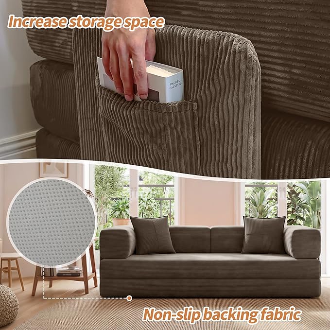 Fancyfire 78.8" Convertible Sofa Bed with Armrest Pillow,4-in-1 Sleeper Couch Bed for Livingroom,Modular Corduroy Boneless couches,No Assembly (Brown)