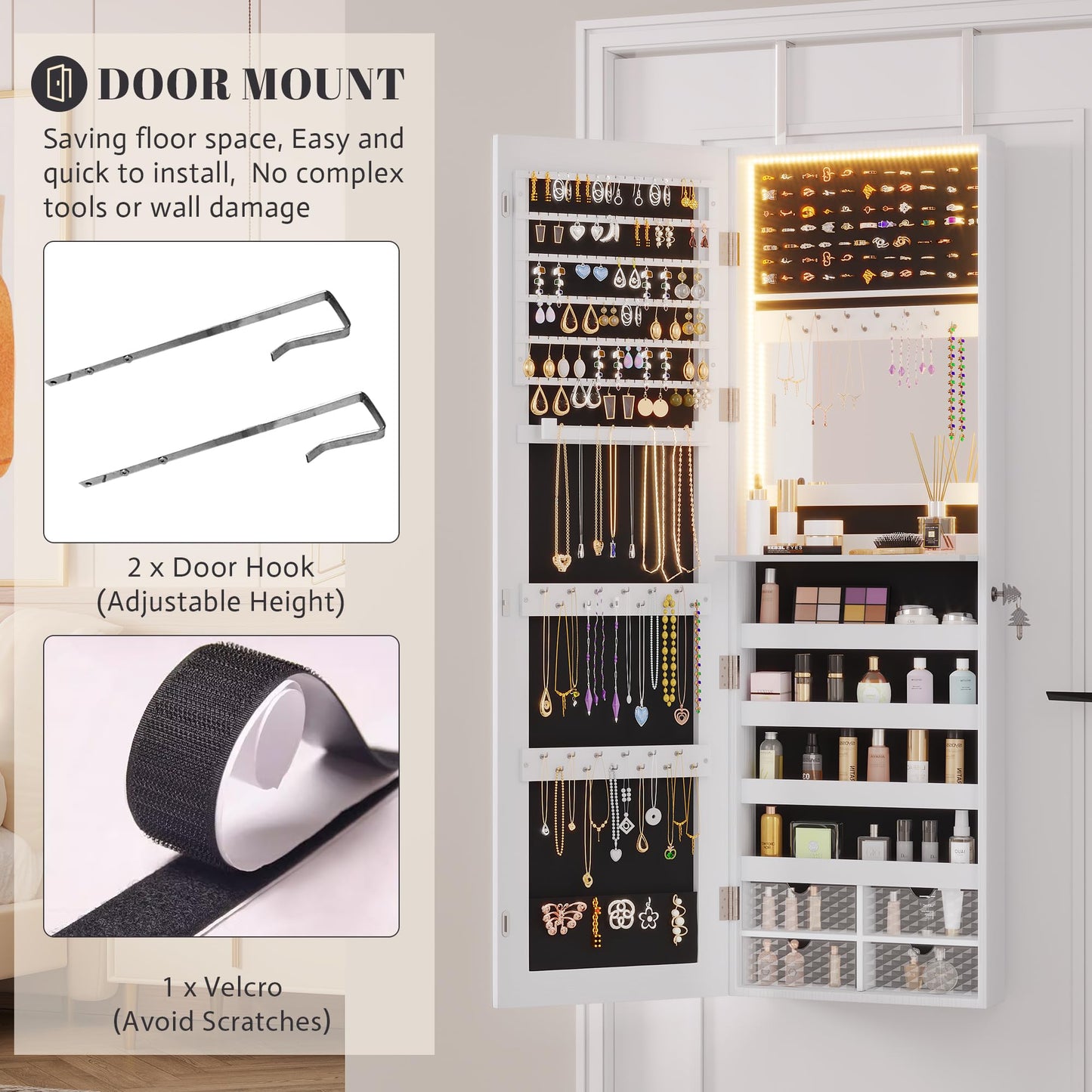 Vlsrka 47.2" LED Jewelry Mirror Cabinet, Wall/Door Mounted Jewelry Armoire Organizer with Full Length Mirror, Large Storage Hanging Cabinet, 4 Drawers, 5 Shelves (White)
