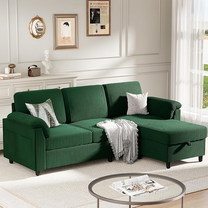 Meilocar Sectional Sofa Couch for Living Room, 79" Sectional Couch with Storage Ottoman, L Shaped Couches with Armrests Side Storage Pockage, 3-Seat Sofa Couches for Living Room, Apartment, Green